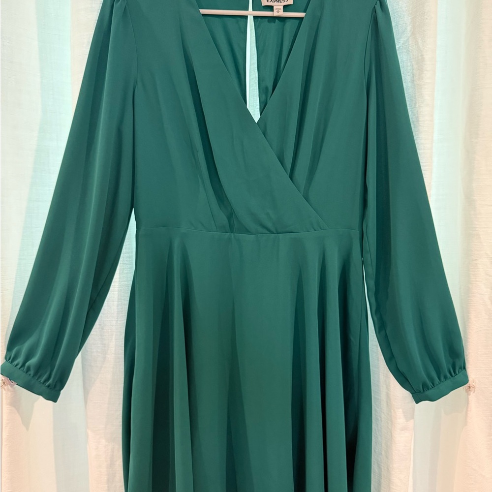 Express Emerald Green Long-Sleeve Faux Wrap Dress